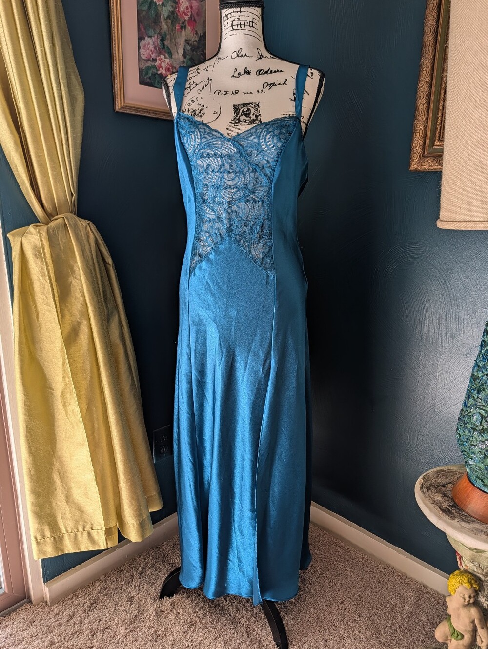 VTG 80s 90s Victoria's Secret Gold Label Blue  Satin Lace Slip Dress Chemise M